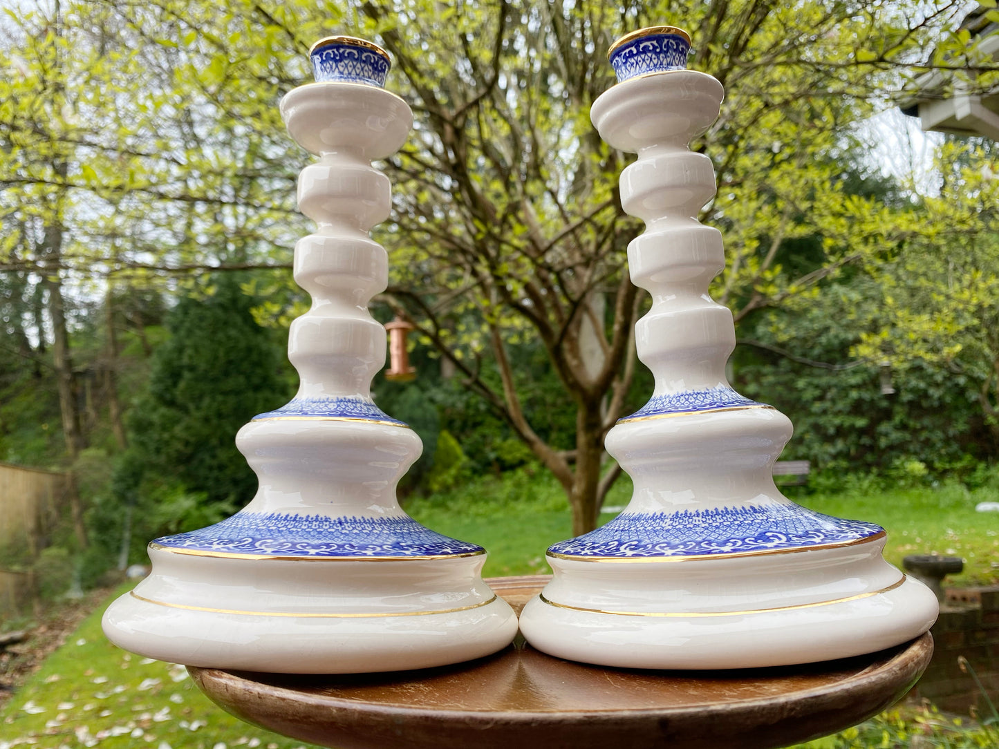 Rare Vintage Scandinavian Norsk Flint Egersund - A Pair of Blue and White Ceramic Candlesticks c1950