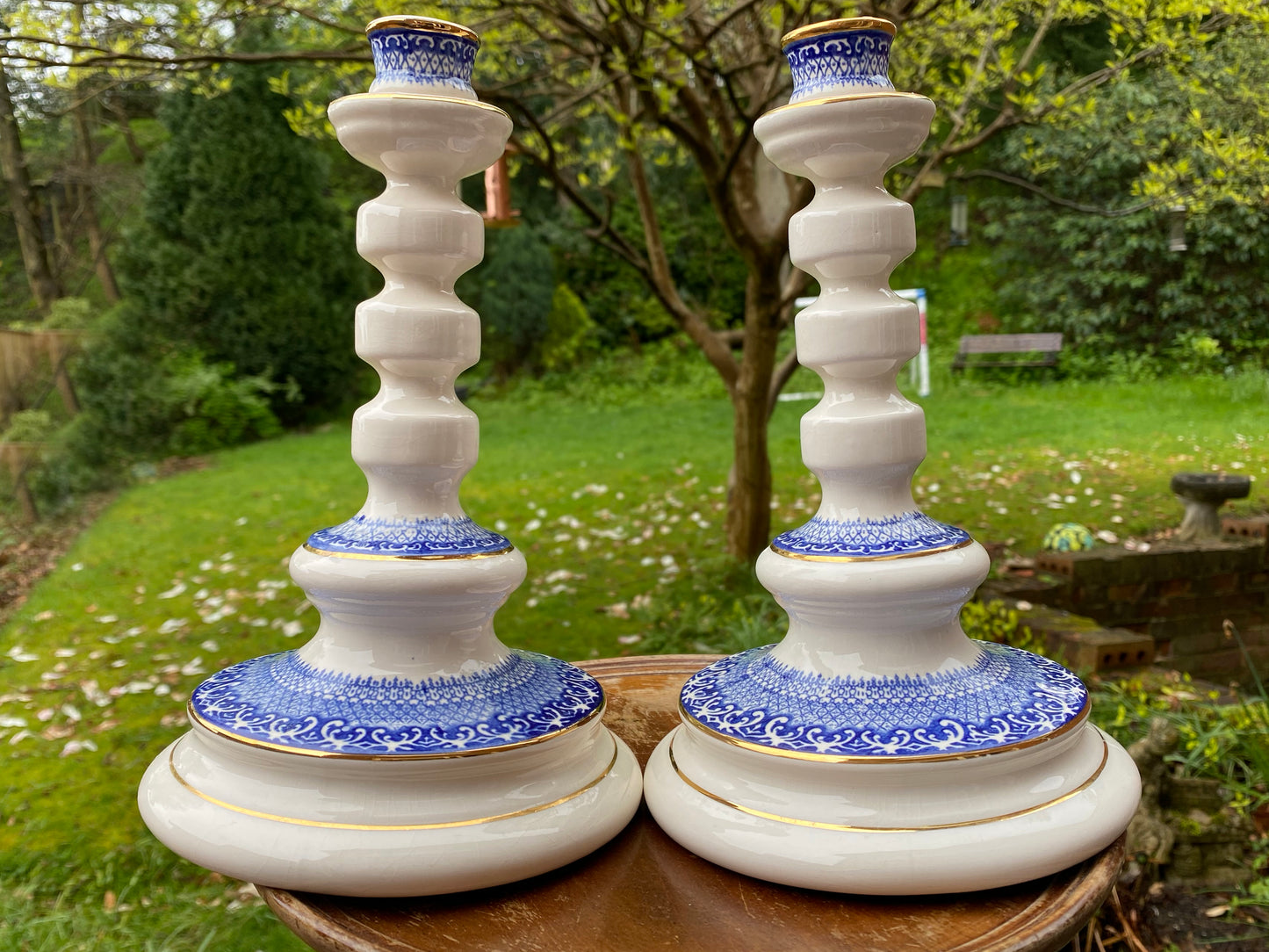 Rare Vintage Scandinavian Norsk Flint Egersund - A Pair of Blue and White Ceramic Candlesticks c1950