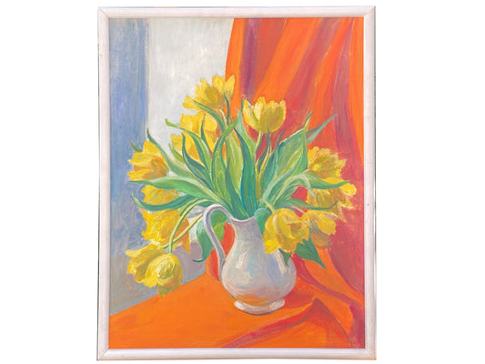 Framed Still life Tulips in Vase - Oil on canvas Unsigned - Mid 20th century c1960