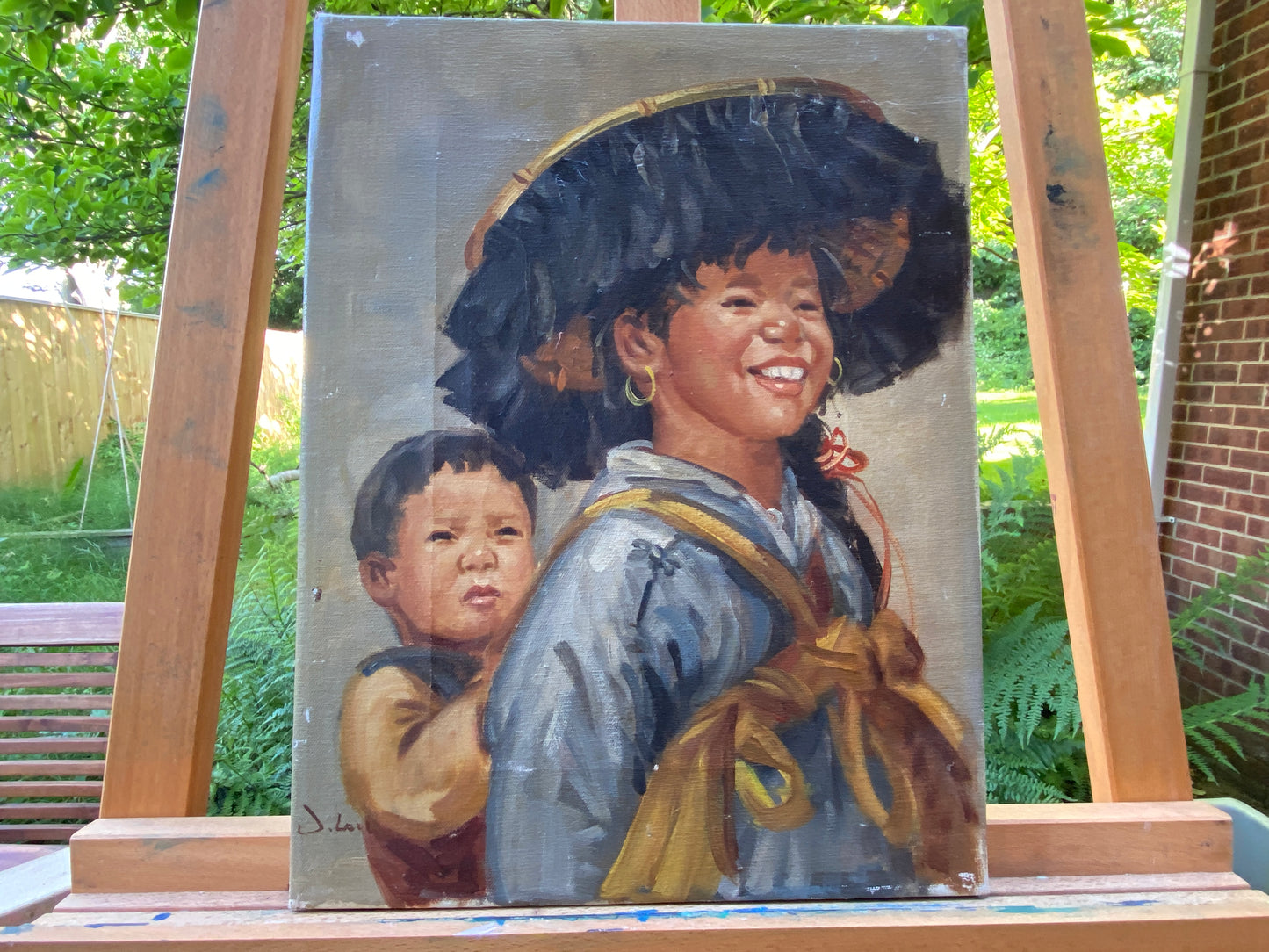 c1950 Oil on Canvas a Portrait of Asian Children indistinctly signed