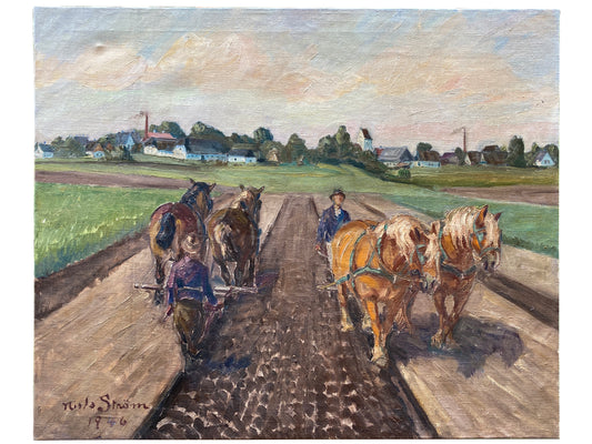 Vintage Danish Oil on Canvas of 'Horses Pulling a Plough' - Signed Nils Strom 1946