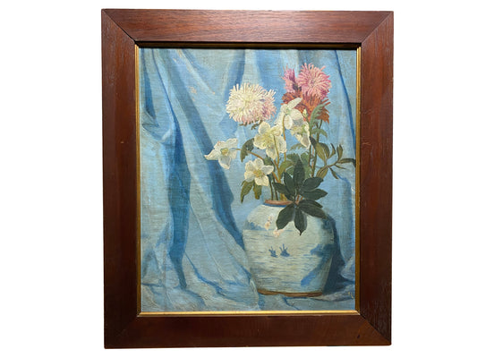 'Chrysanthemums and Anemone in Oriental Vase' Framed Still life - Oil on canvas c1920