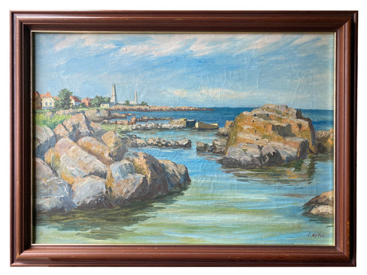 'Rock Pools and Harbour' - Danish School - Framed Oil on Canvas c1930s