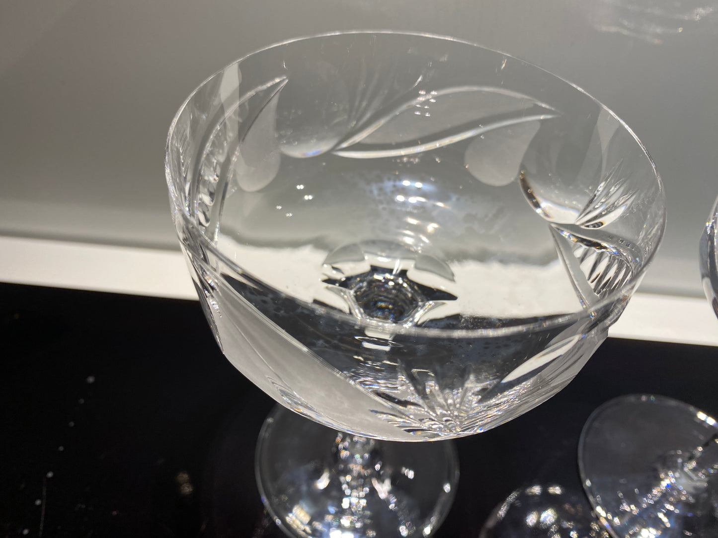 Five Vintage ROGASKA Crystal Champagne Tall Sherbet / Coupes Design Cut Swirl & Dot Design On Bowl pattern RGS24