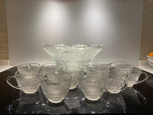 Vintage Mid Century Modern Pressed Glass Punch Bowl Set & 11 Cups - Party