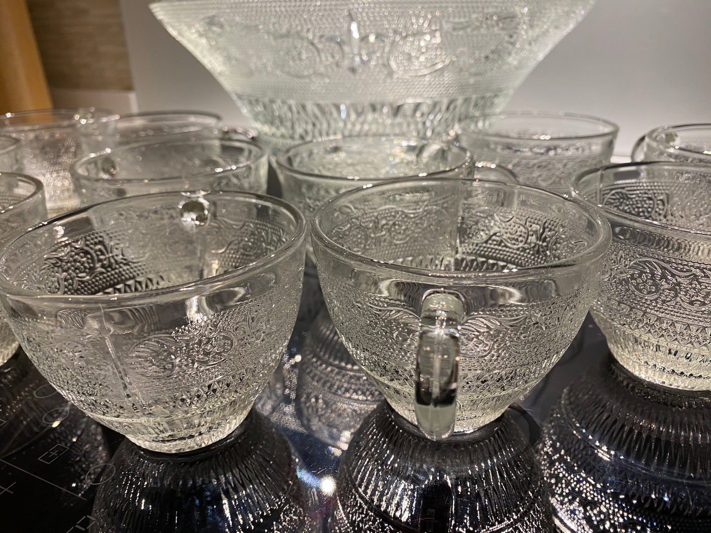Vintage Mid Century Modern Pressed Glass Punch Bowl Set & 11 Cups - Party