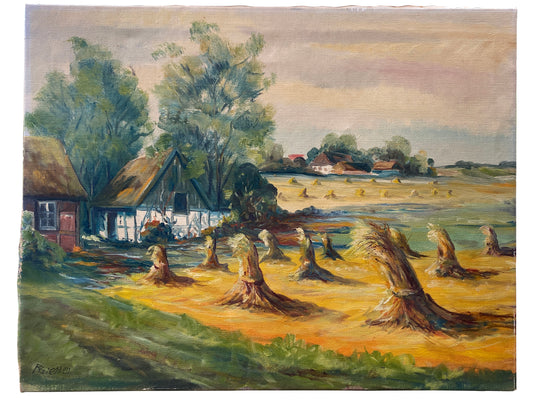 Danish School 'Summer Haystacks' Impressionist Scene Oil on Canvas c 1940s