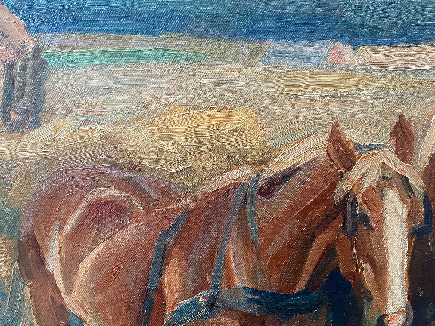 Oil on Canvas 'Horses Work the Field' Mid 20th Century - Impressionist Scene Oil on Canvas