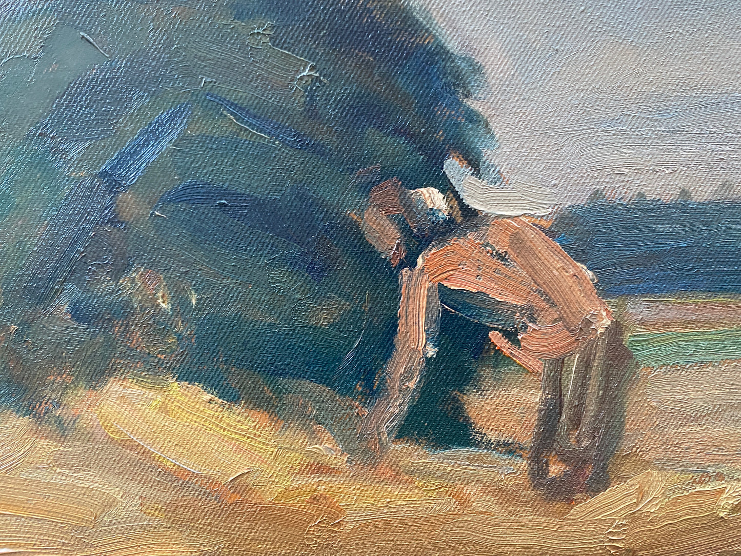 Oil on Canvas 'Horses Work the Field' Mid 20th Century - Impressionist Scene Oil on Canvas