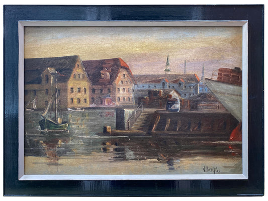 Danish School Framed Oil on Canvas 'Boats at the Quayside' - Signed C1950