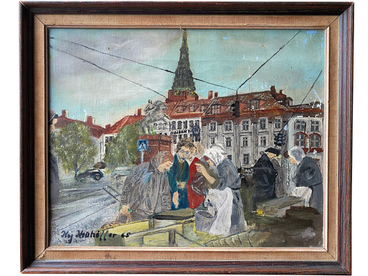 Framed Oil on Canvas "Figures at a busy fish market on the Gammel-Strand" Danish c1950