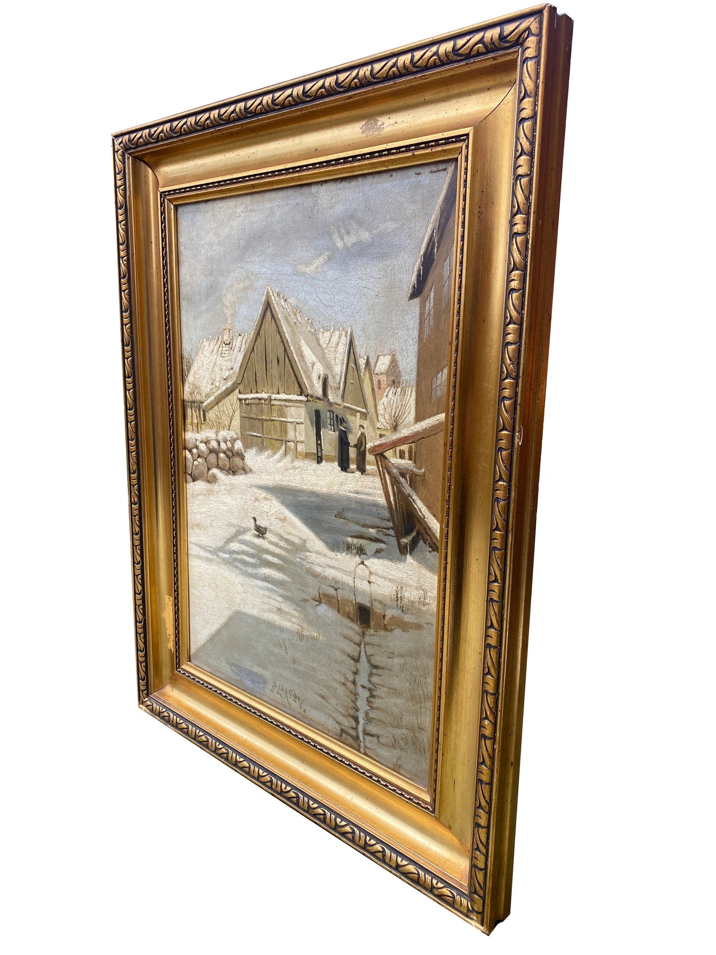 Framed Oil on Canvas 'Figures Greeting in the Distance' c1950 SIgned P Larsen