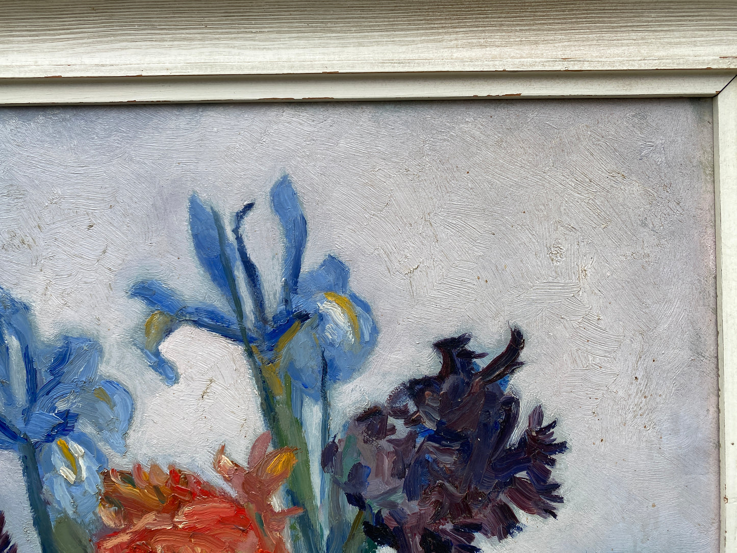 English Framed Oil on Board 'Tulips and Iris in a Blue/White Jug' Signed c1960