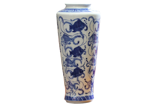 c1950s Chinese Import Blue and White Vase - Beautifully decorated with Koi Fish Carp