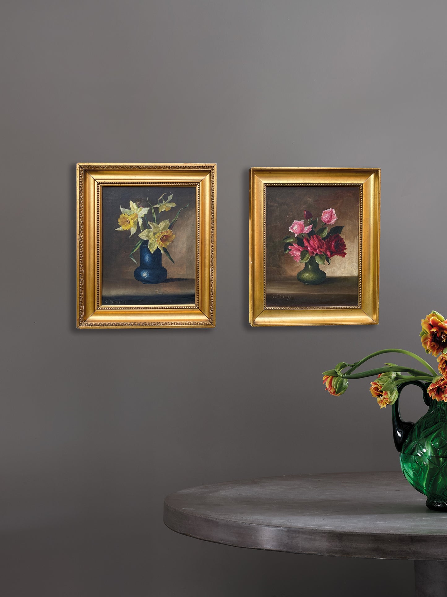 A near pair Framed Danish Art Oil in Canvas 'Flowers in Vases S. Thomsen c 1940s