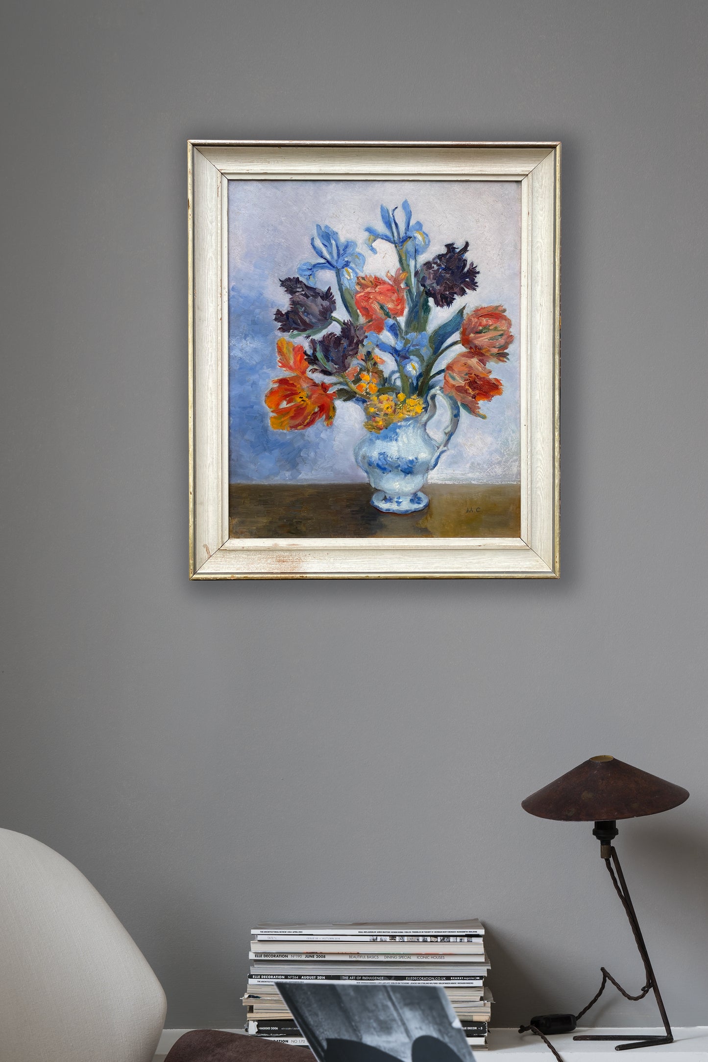 English Framed Oil on Board 'Tulips and Iris in a Blue/White Jug' Signed c1960