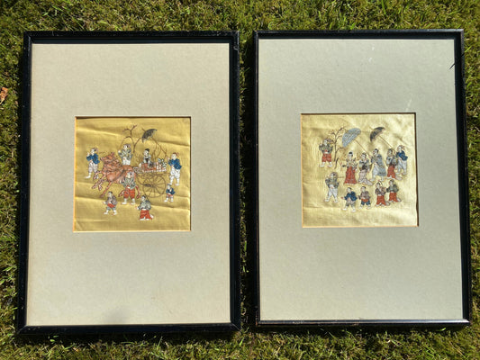 Pair of Antique Japanese illustrations on Silk featuring Figures walking