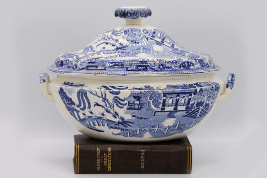 Antique Blue Willow Pattern LARGE Lidded Tureen c1850