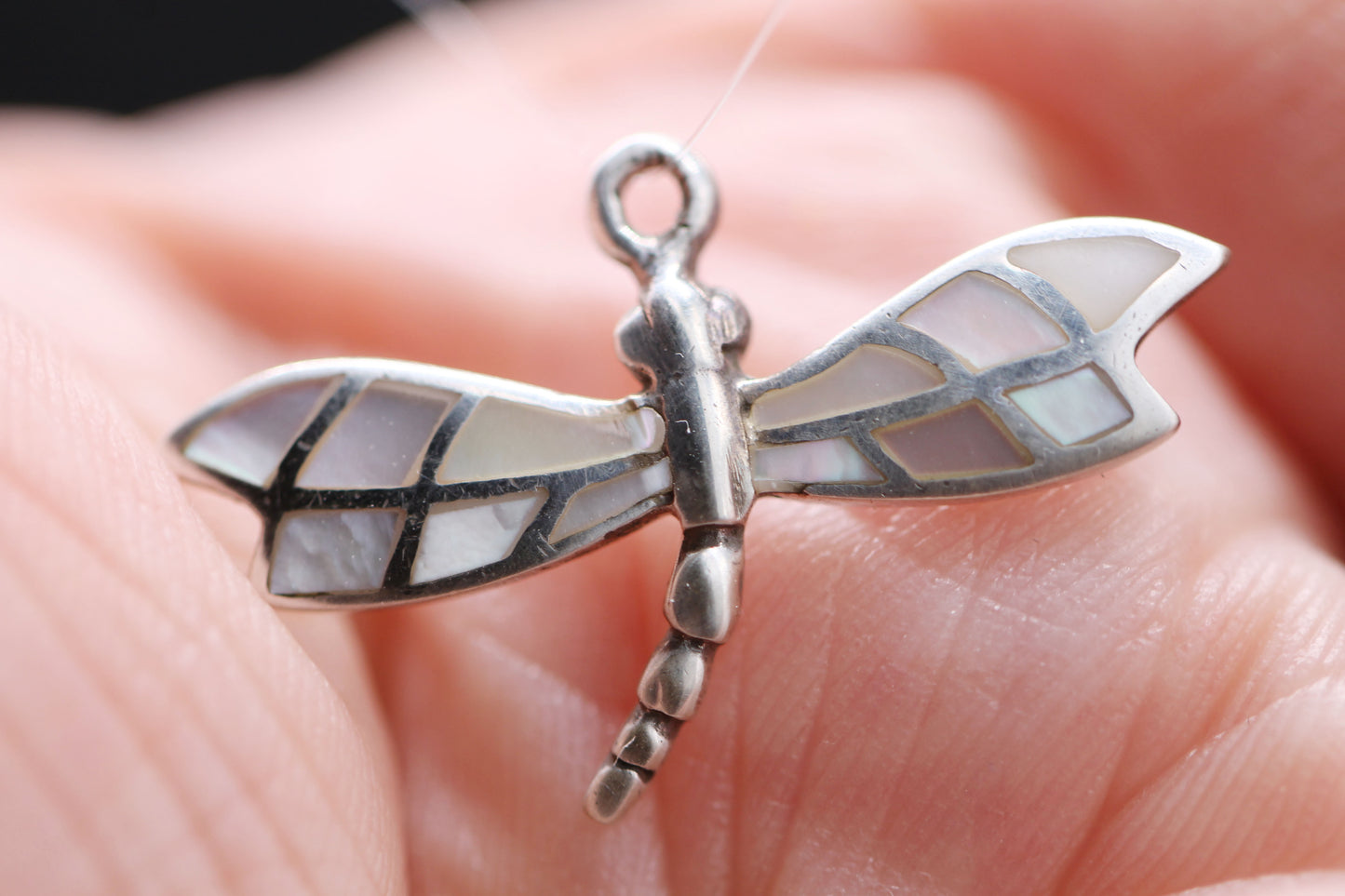 Vintage Art Deco Dragon Fly Sterling Silver 925 and Mother of Pearl Pendant weigh 1.36g