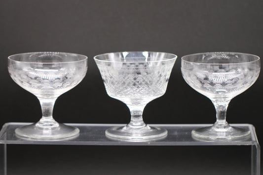 Harlequin Three Lady Hamilton Pall Mall champagne saucers / coupe / cocktail / sundae glasses