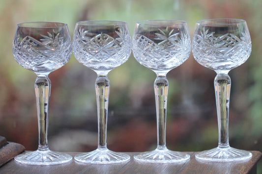 Set of Four Vintage Clear Crystal Long Stemmed Wine / Hock Glasses c1960