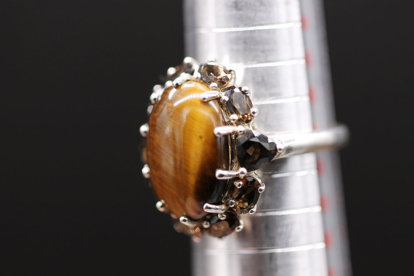 Large Silver Tigers Eye and Smokey Quartz Cluster Ring