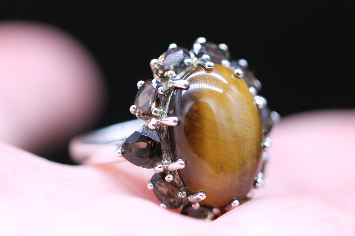 Large Silver Tigers Eye and Smokey Quartz Cluster Ring