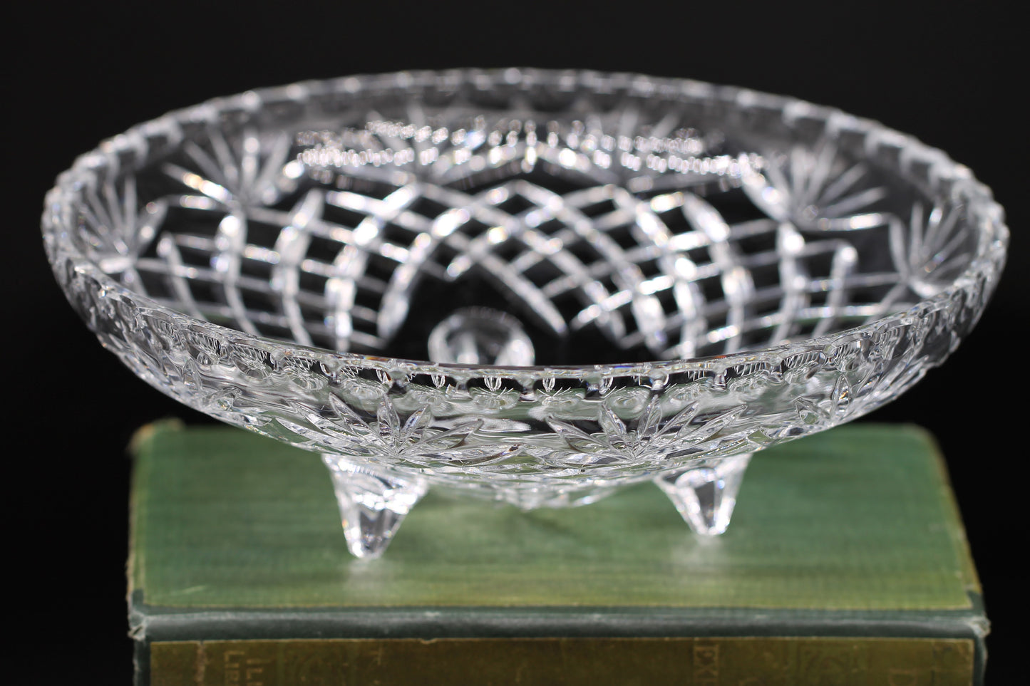 Lead Cut Crystal 3 Footed Large Circular Fruit Bowl with Scalloped Rim