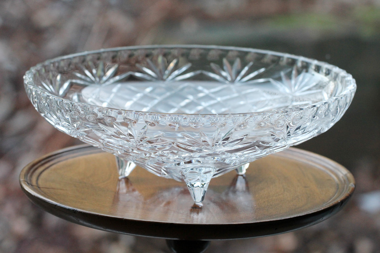 Lead Cut Crystal 3 Footed Large Circular Fruit Bowl with Scalloped Rim