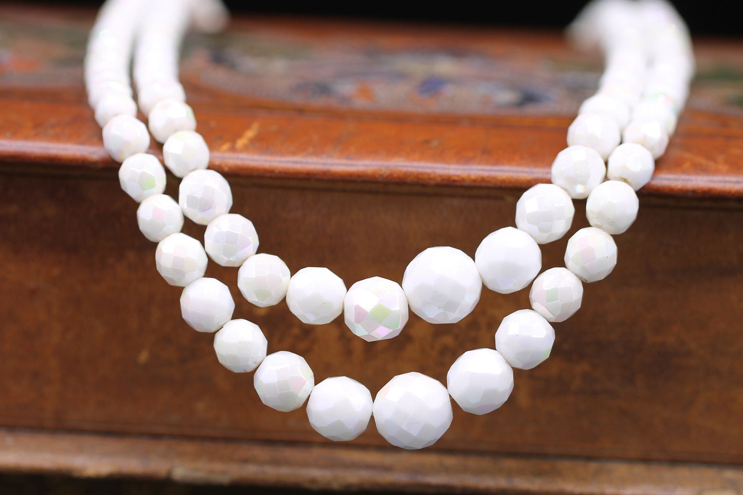 Vintage Double Stranded White Pearlescent Glass Beaded Necklace c1950s