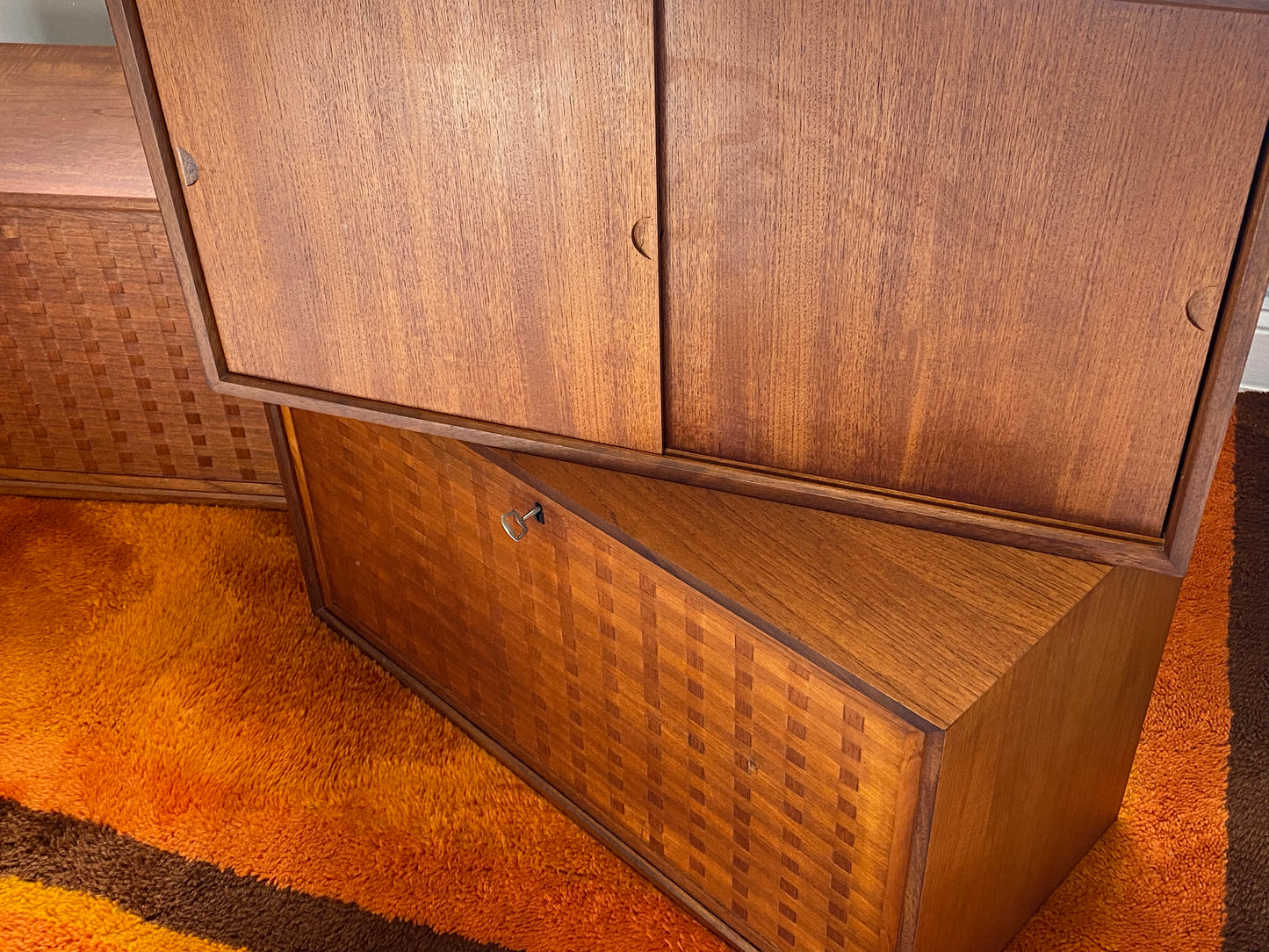 Royal Danish Mid Century Modular Teak Shelving System Designed by Poul Cadovius c1960 with basket weave fronts