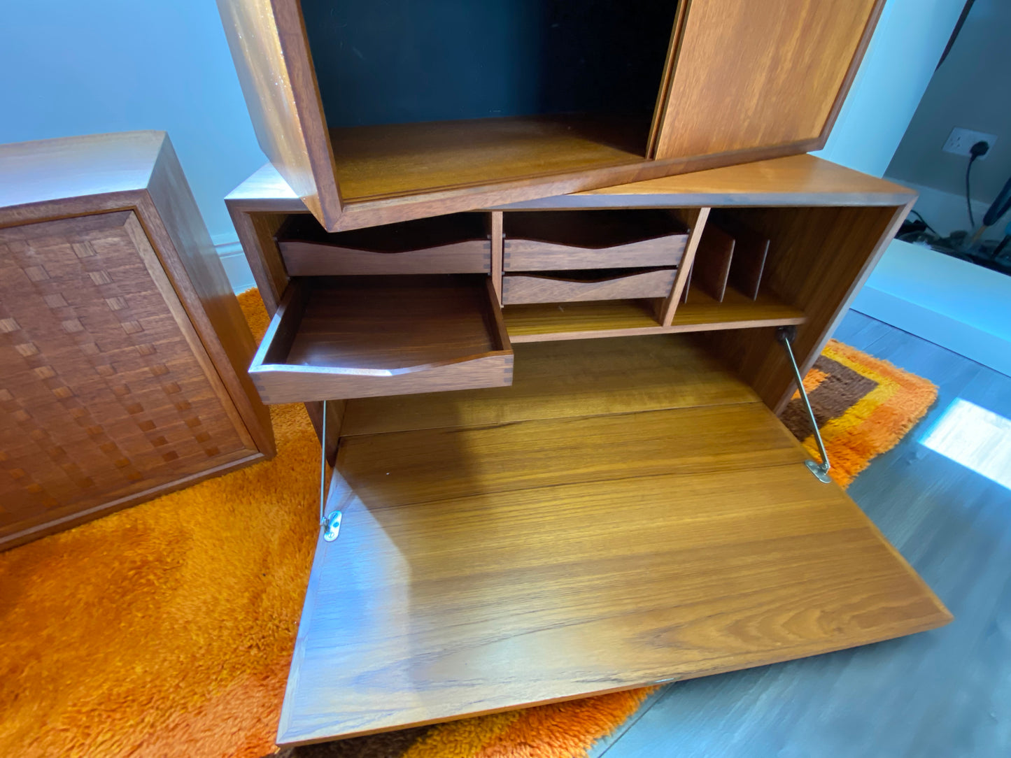 Royal Danish Mid Century Modular Teak Shelving System Designed by Poul Cadovius c1960 with basket weave fronts