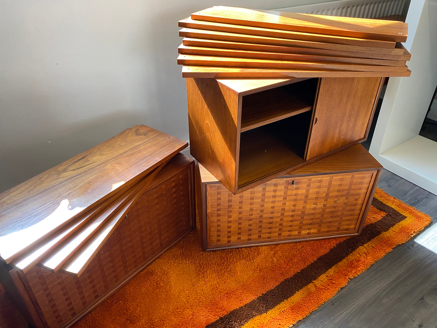 Royal Danish Mid Century Modular Teak Shelving System Designed by Poul Cadovius c1960 with basket weave fronts