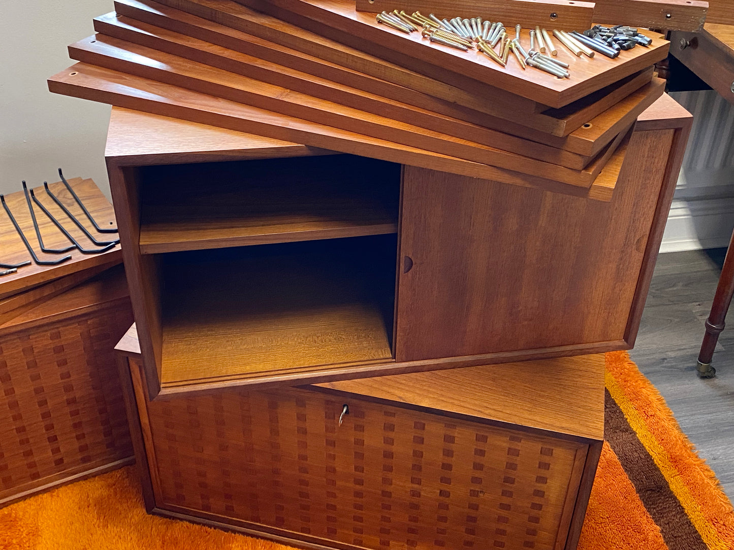 Royal Danish Mid Century Modular Teak Shelving System Designed by Poul Cadovius c1960 with basket weave fronts