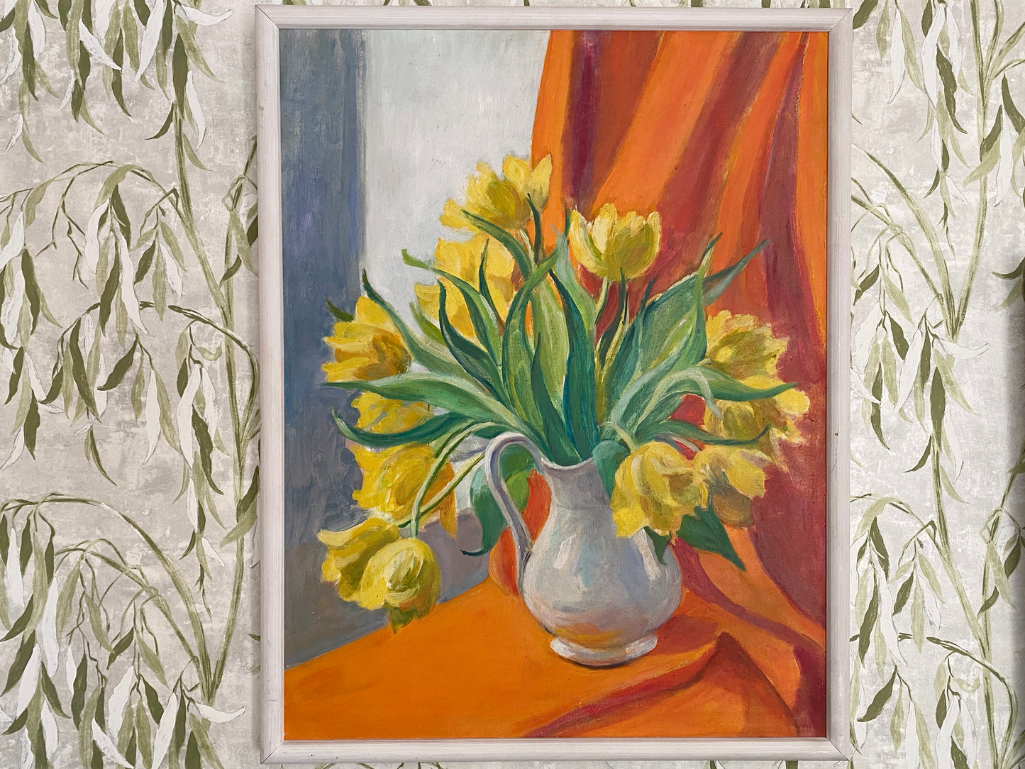 Framed Still life Tulips in Vase - Oil on canvas Unsigned - Mid 20th century c1960