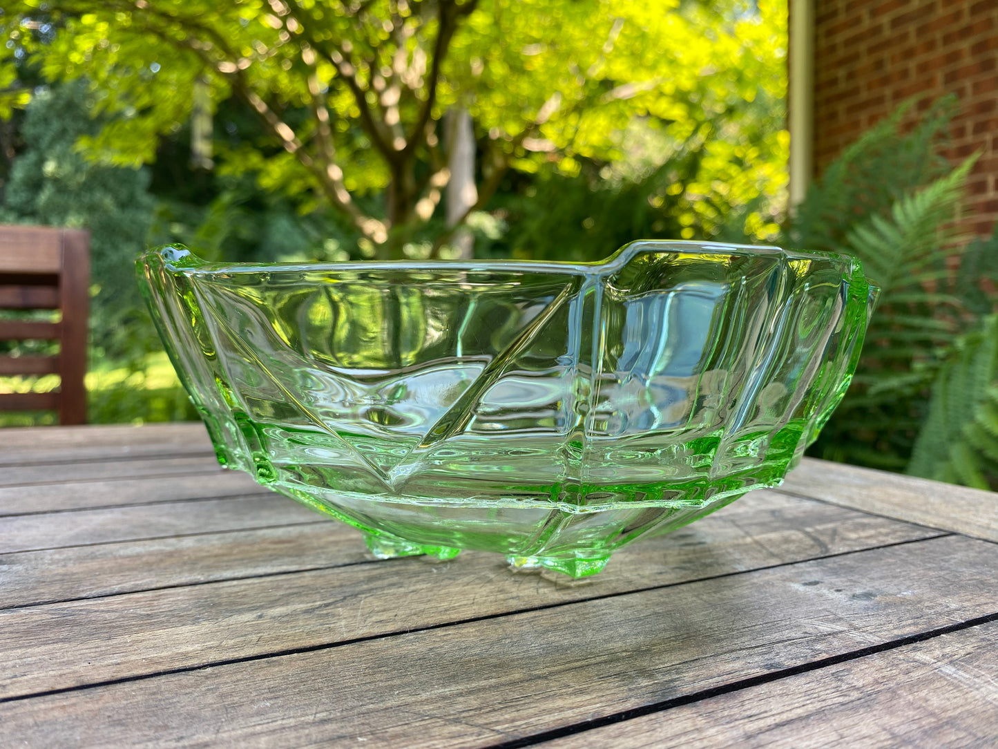 Antique Sowerby Tyneside Glassware Pressed Glass Art Deco Footed Green Vase