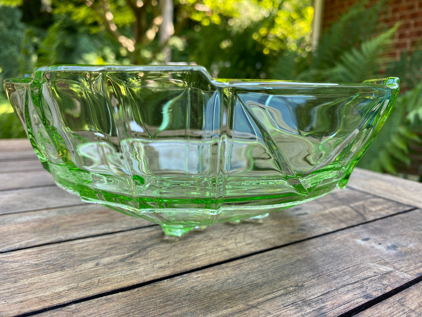 Antique Sowerby Tyneside Glassware Pressed Glass Art Deco Footed Green Vase