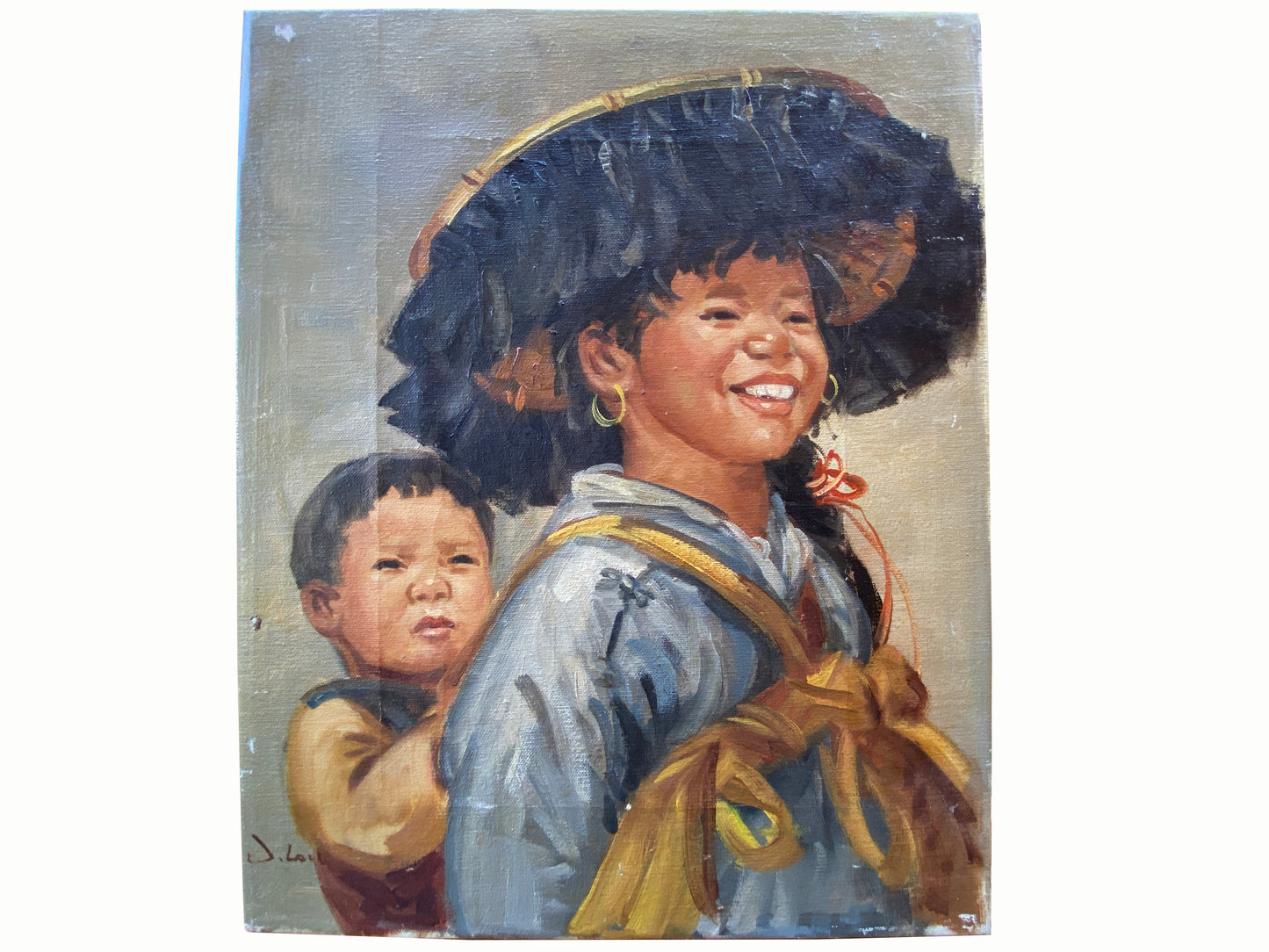 c1950 Oil on Canvas a Portrait of Asian Children indistinctly signed