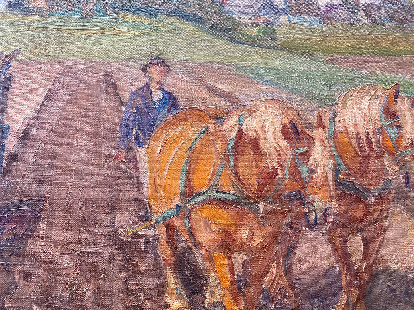 Vintage Danish Oil on Canvas of 'Horses Pulling a Plough' - Signed Nils Strom 1946