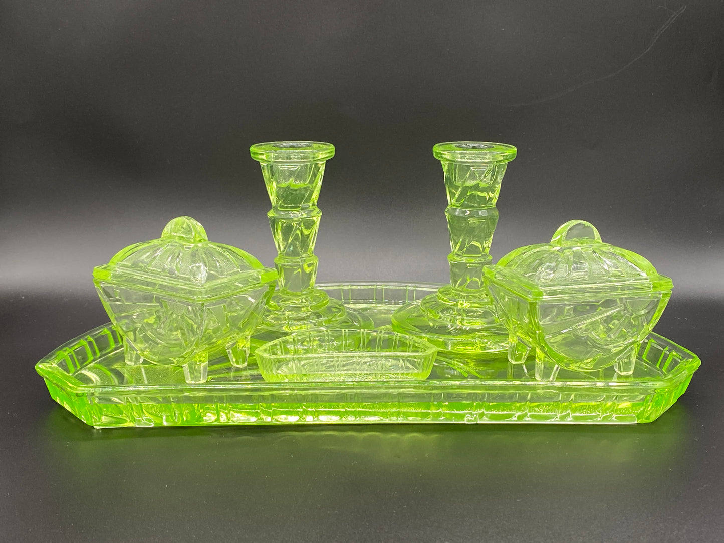 Rare Sowerby Tyneside Glass Green Uranium Glass - Art Deco Trinket Set c1933