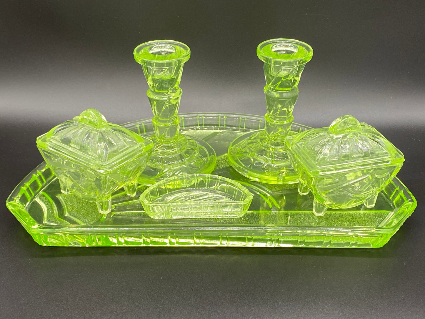 Rare Sowerby Tyneside Glass Green Uranium Glass - Art Deco Trinket Set c1933