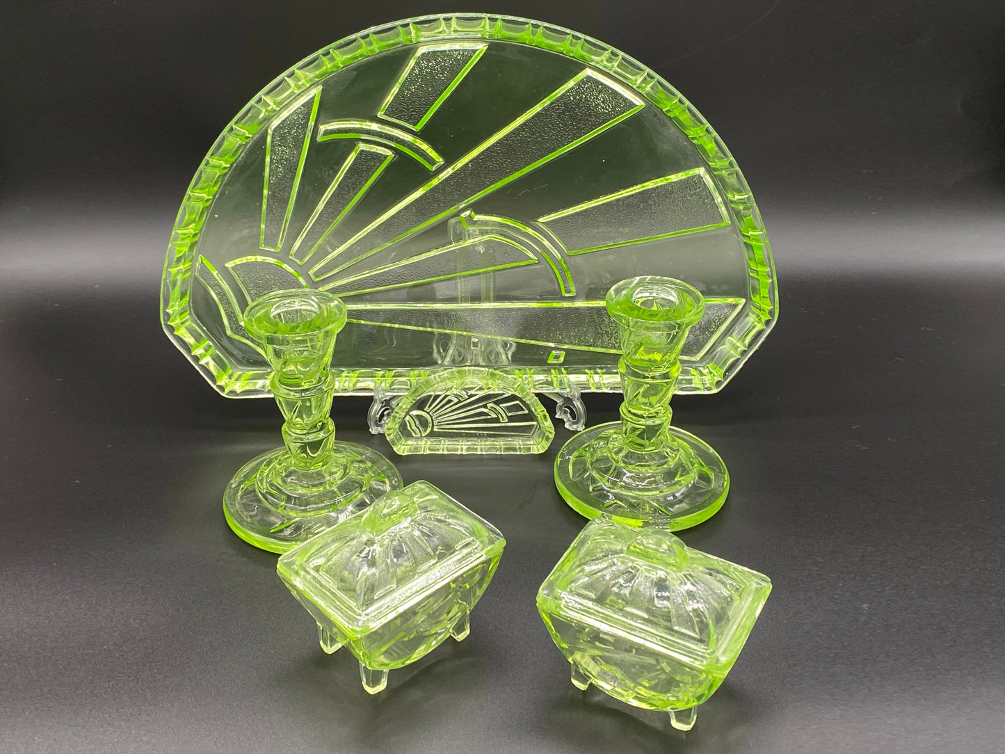 Rare Sowerby Tyneside Glass Green Uranium Glass - Art Deco Trinket Set c1933