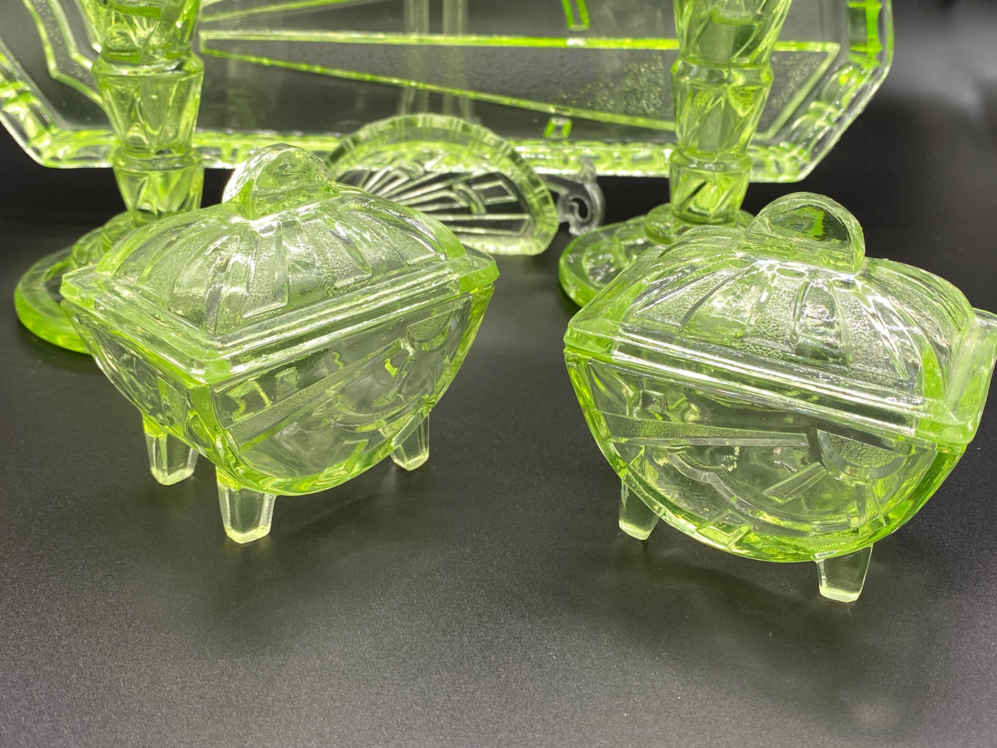 Rare Sowerby Tyneside Glass Green Uranium Glass - Art Deco Trinket Set c1933