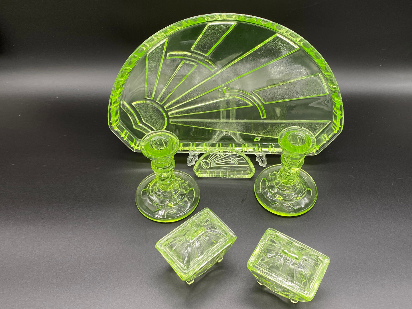 Rare Sowerby Tyneside Glass Green Uranium Glass - Art Deco Trinket Set c1933