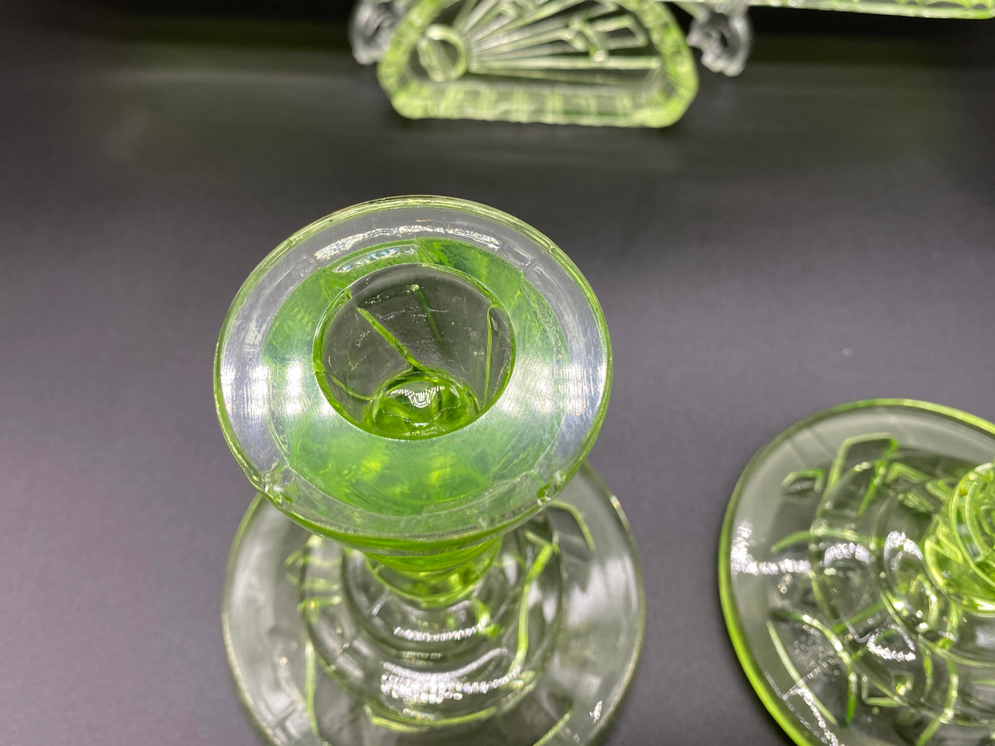 Rare Sowerby Tyneside Glass Green Uranium Glass - Art Deco Trinket Set c1933