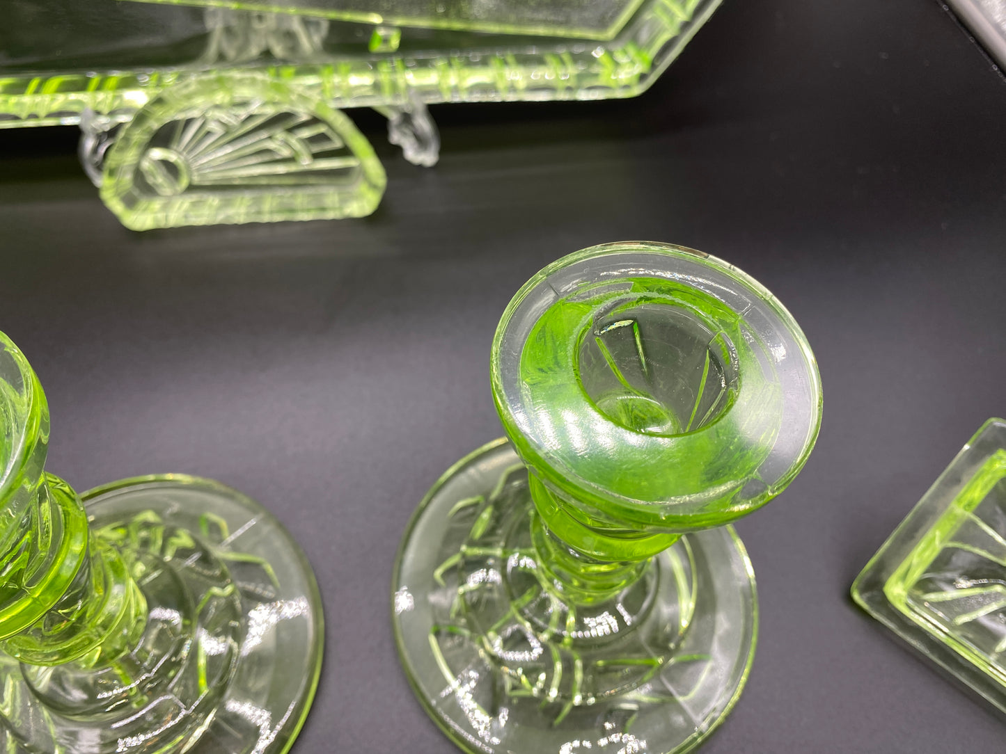 Rare Sowerby Tyneside Glass Green Uranium Glass - Art Deco Trinket Set c1933