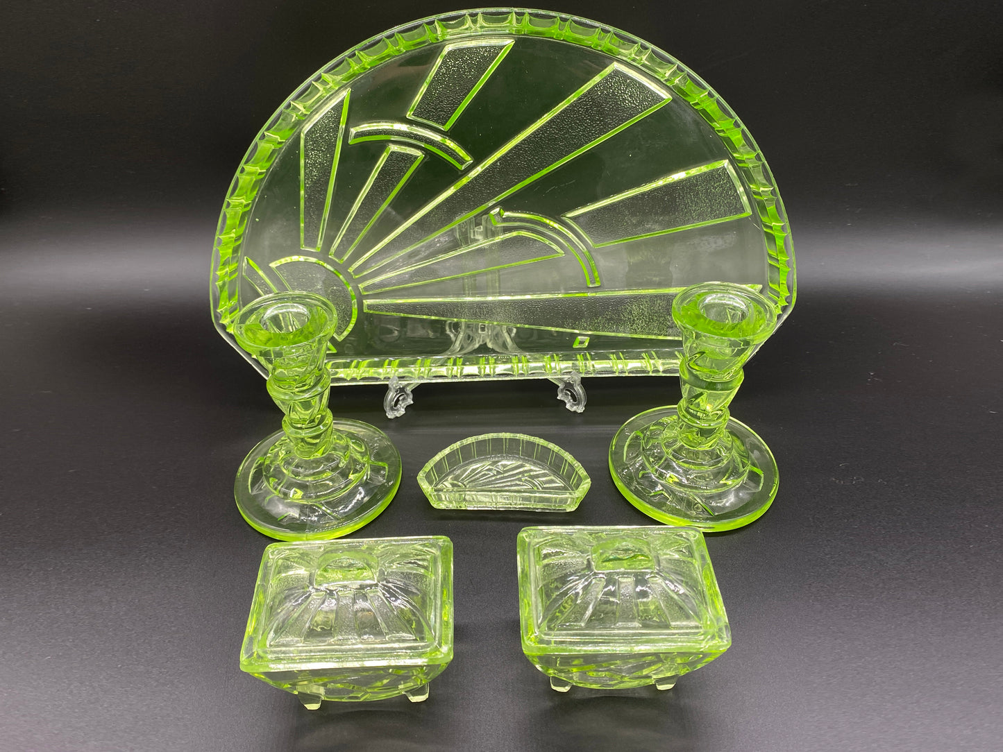 Rare Sowerby Tyneside Glass Green Uranium Glass - Art Deco Trinket Set c1933