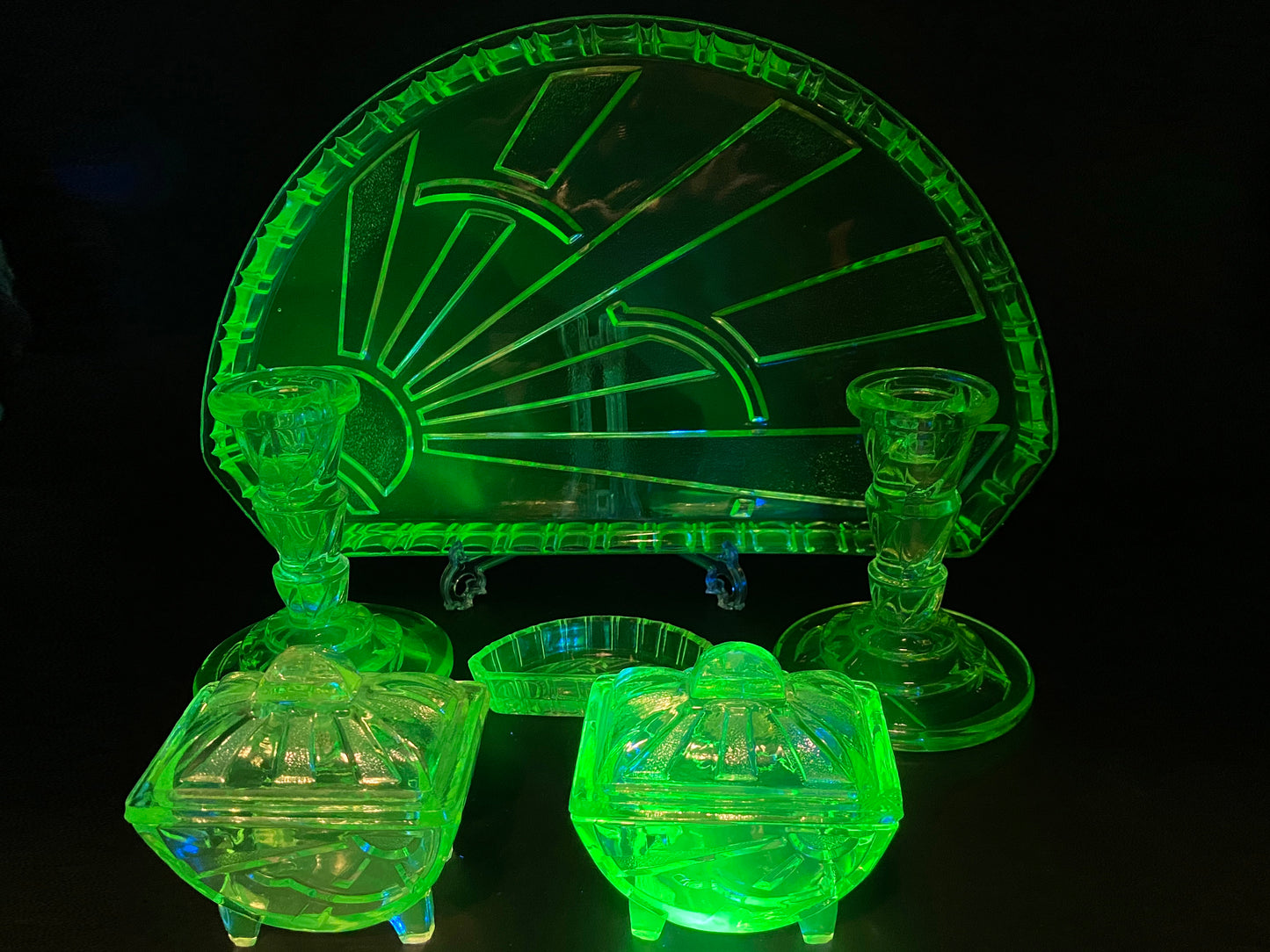 Rare Sowerby Tyneside Glass Green Uranium Glass - Art Deco Trinket Set c1933