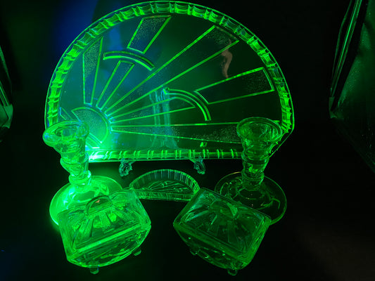 Rare Sowerby Tyneside Glass Green Uranium Glass - Art Deco Trinket Set c1933