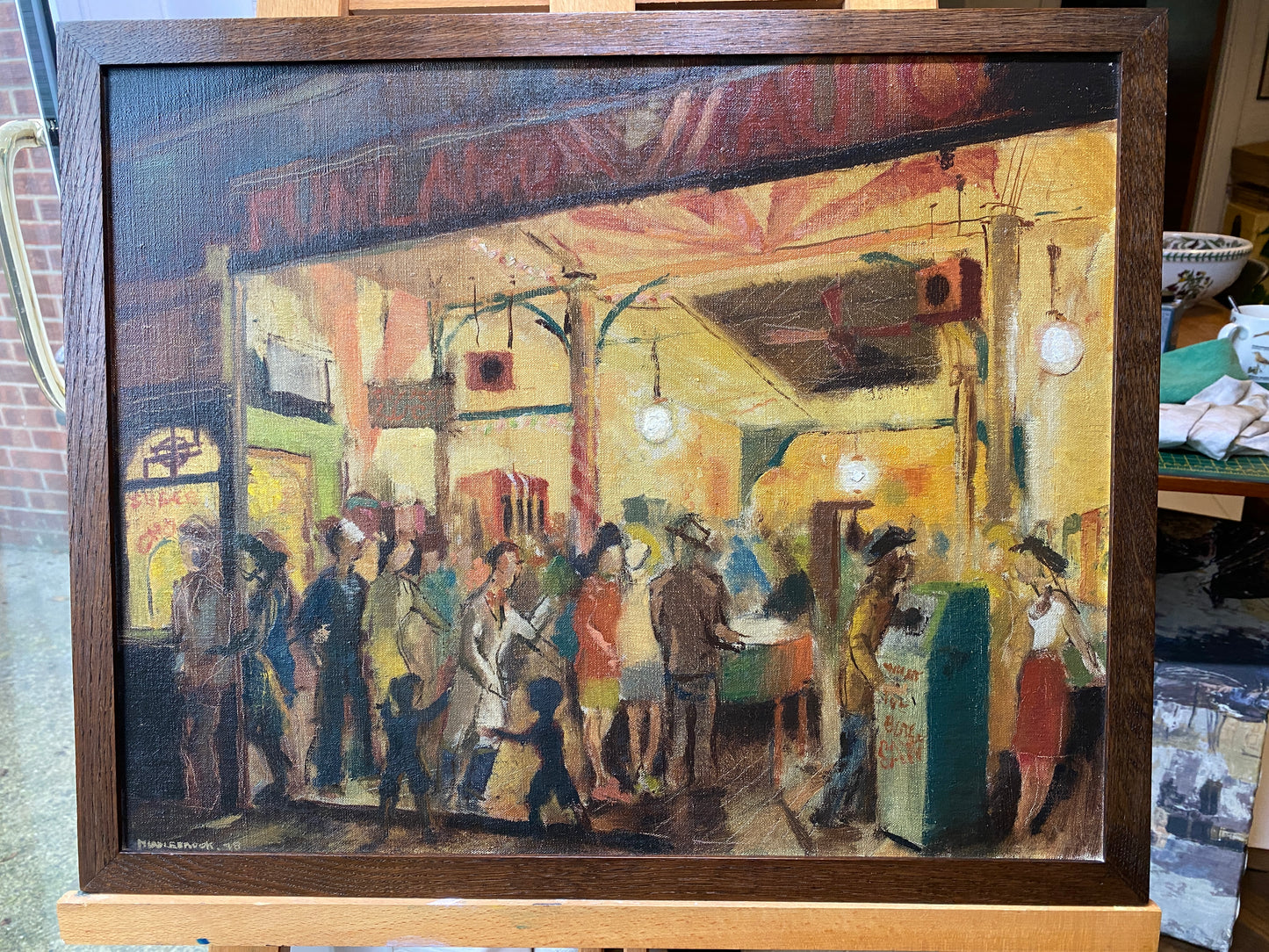 'Funland Penny Arcade' Mid 20th Century Impressionist - Framed Oil on Canvas